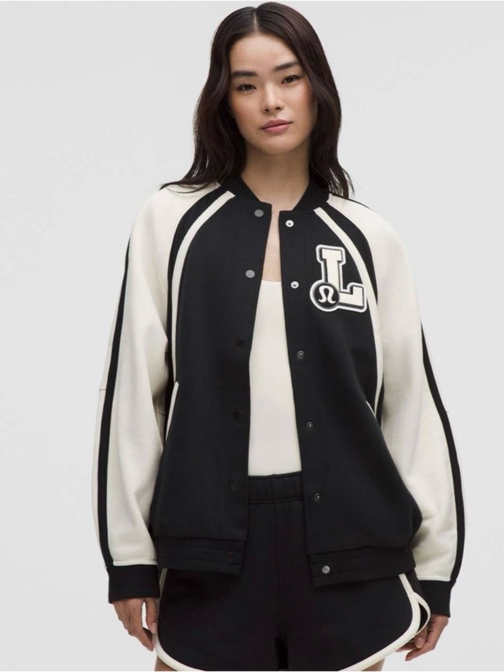 NWT Lululemon Scuba Oversized Collegiate Jacket *Graphic Black / Light Ivory